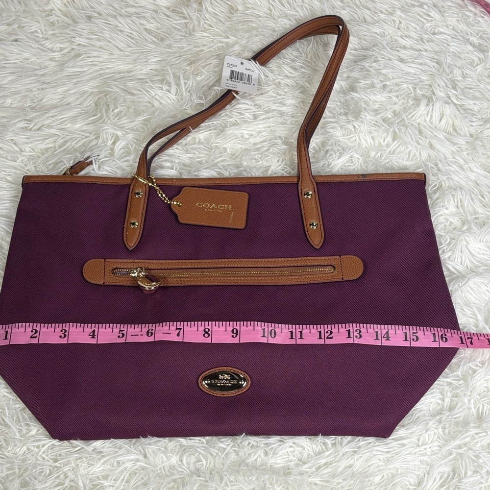 Coach Sawyer Plum Canvas & Leather Tote Bag Gold Hardware Charm - Picture 15 of 16